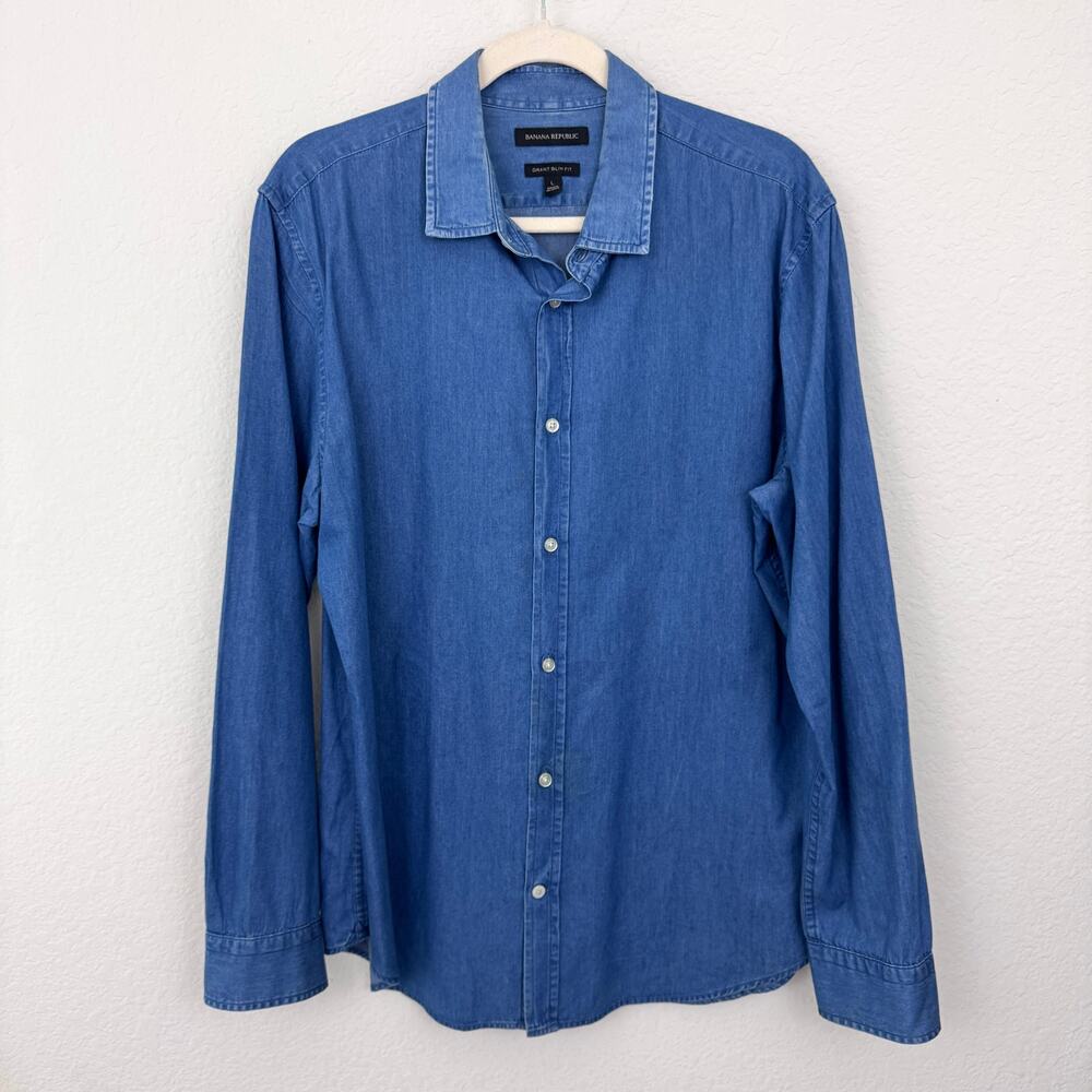 Banana Republic Men Grant Slim Fit Long Sleeve Chambray Shirt Size L Cotton Blue